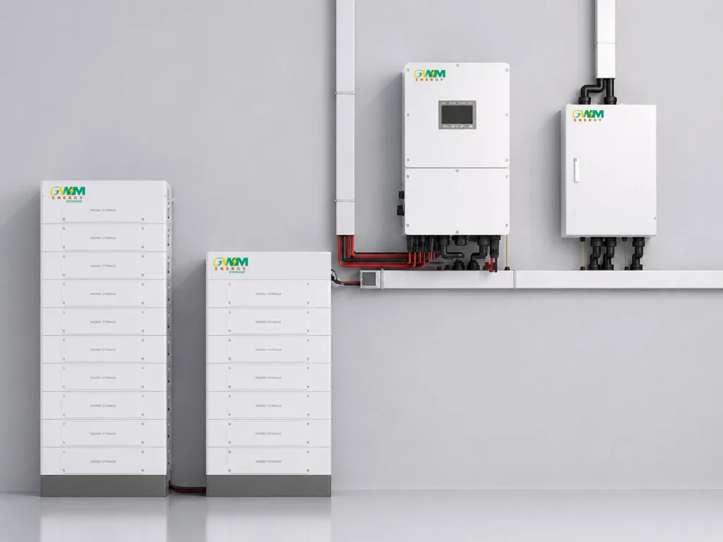GWM Energy lithium battery energy storage system with inverter and battery modules for residential and commercial solar power applications.