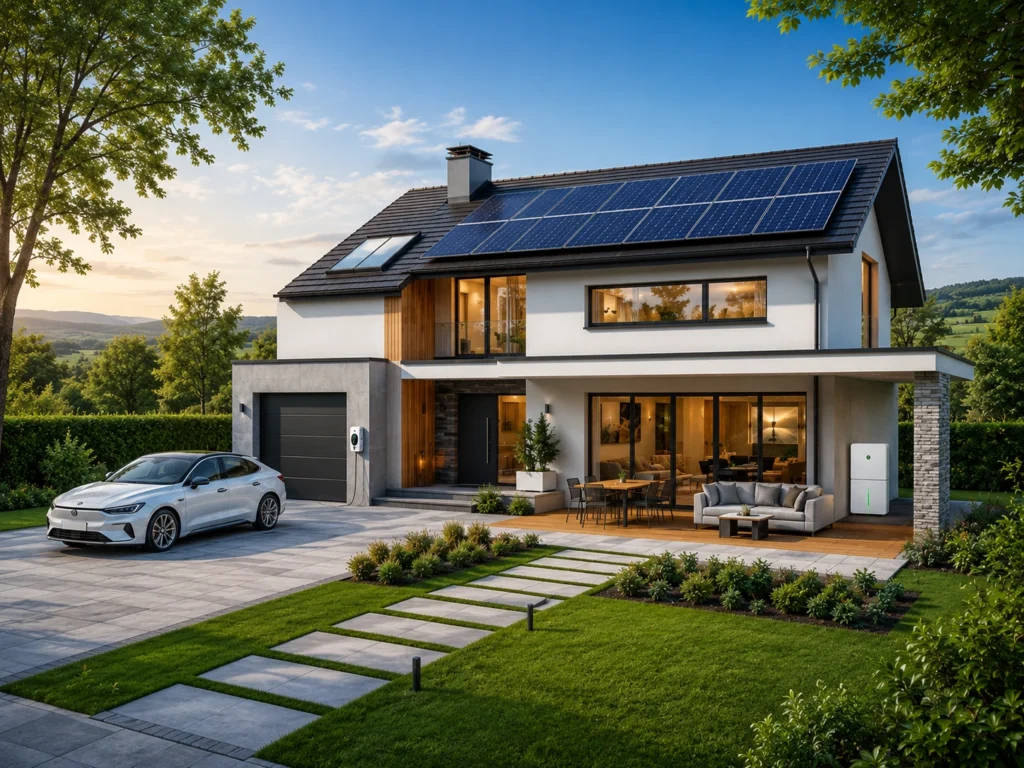 Modern smart home with rooftop solar panels, GWM Energy lithium battery storage system, and electric vehicle charging for sustainable living.