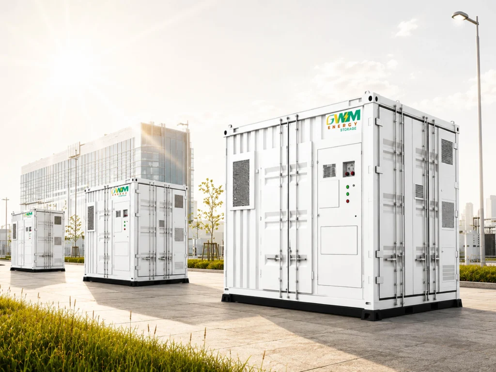 GWM Energy containerized lithium battery energy storage systems for commercial, industrial, and utility-scale renewable energy applications.