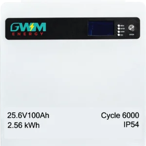 GWM Energy 25.6V 100Ah 2.56kWh lithium battery with 6000 cycles and IP54 protection
