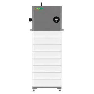 Front view of GWM Energy stackable LiFePO4 lithium energy storage system with integrated inverter and smart battery management