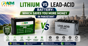 Lithium vs Lead-Acid Battery comparison by GWM Energy for Pakistan highlighting lifespan, charging speed, efficiency, and long-term savings.