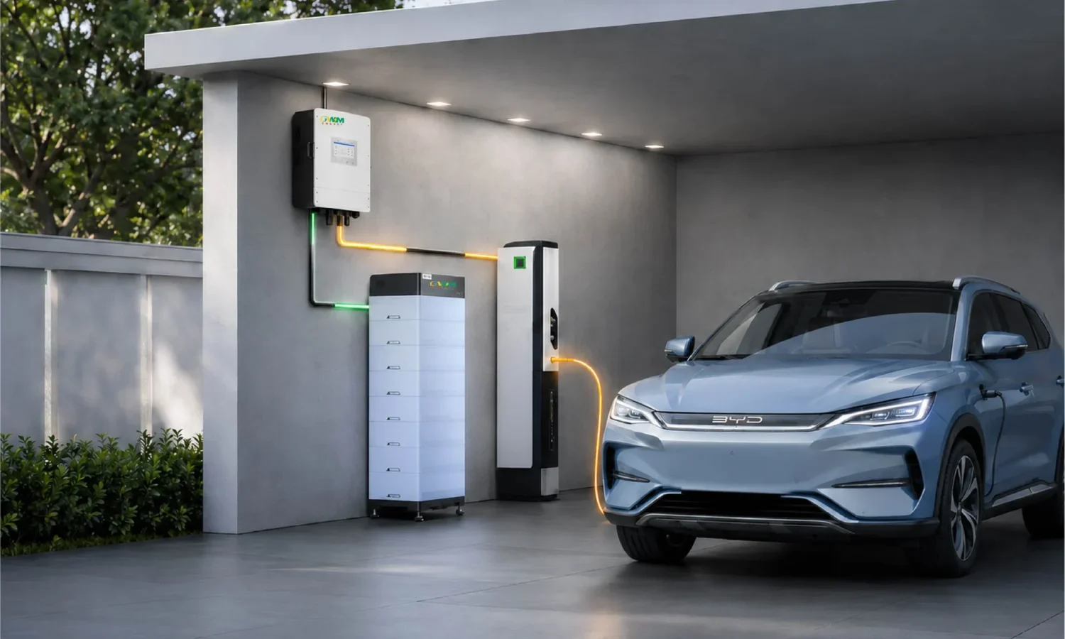 Electric vehicle charging at home using GWM Energy lithium battery storage system integrated with a residential solar energy solution.