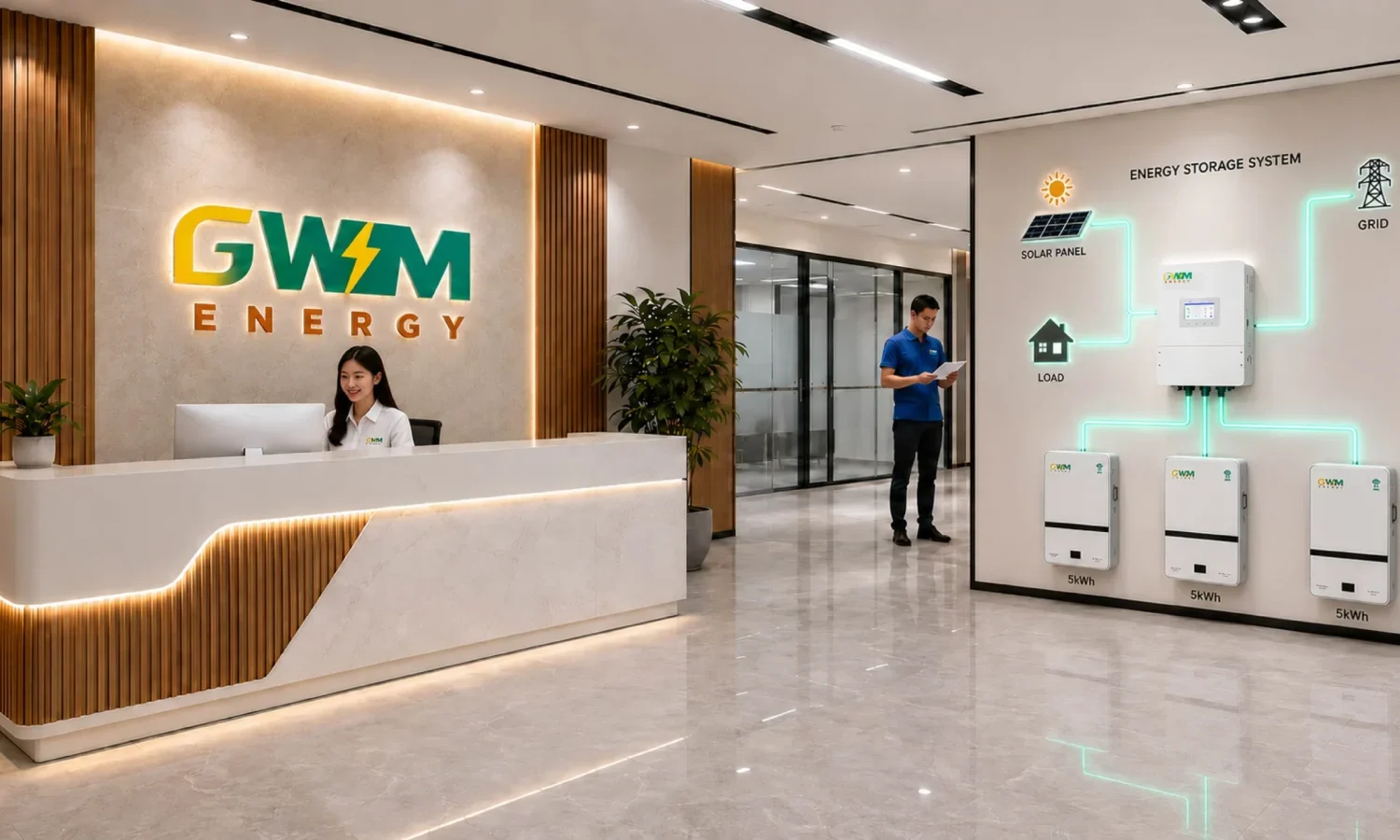 GWM Energy office reception showcasing residential solar energy storage systems and lithium battery solutions for smart energy management.