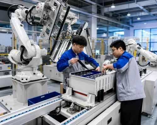 Engineers assembling GWM Energy lithium battery systems in an advanced automated manufacturing facility with robotic production technology. Engineers assembling GWM Energy lithium battery systems in an advanced automated manufacturing facility with robotic production technology.