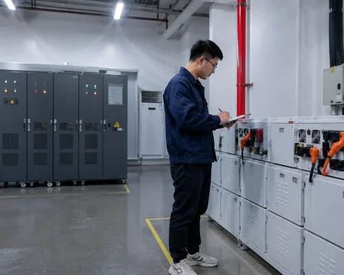 GWM Energy engineer performing lithium battery testing and quality inspection in advanced manufacturing facility GWM Energy engineer performing lithium battery testing and quality inspection in advanced manufacturing facility